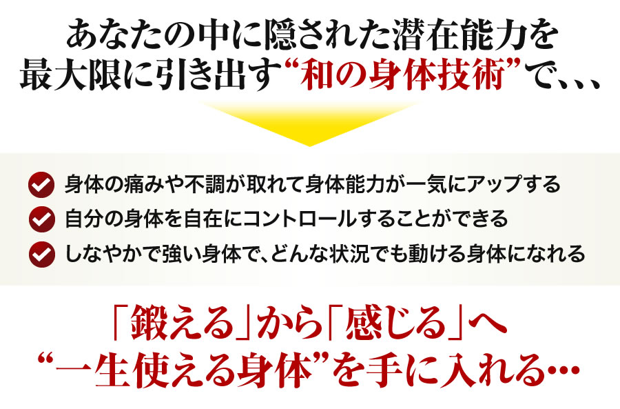 身体と心のセンスを磨き、あなたの中に眠る潜在能力を
最大限に引き出す和の身体技術で、、、