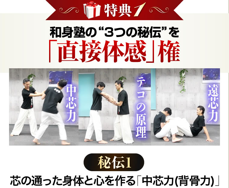和身塾の3つの秘伝を「直接体感」権 秘伝1 芯の通った身体と心を作る「中芯力(背骨力)」